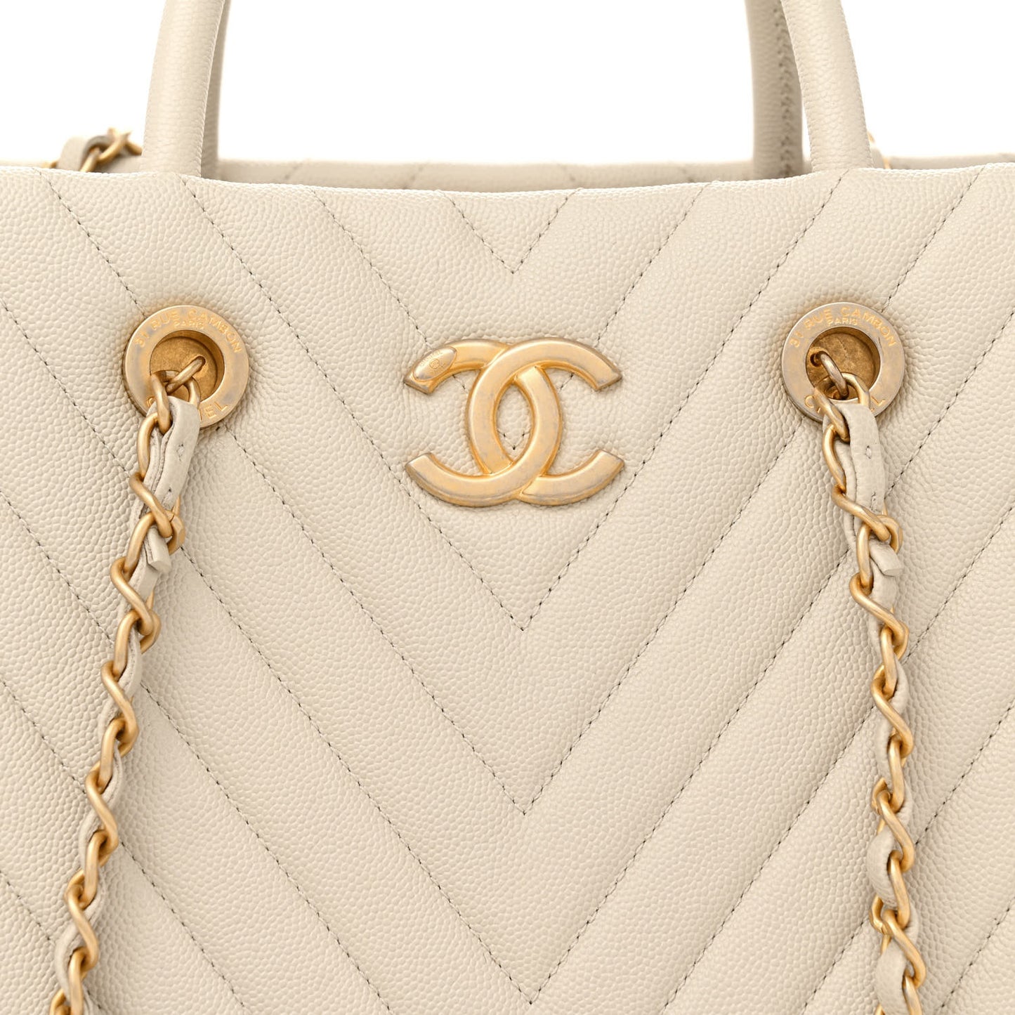 Caviar Chevron Quilted Coco Handle Shopping Tote Ivory