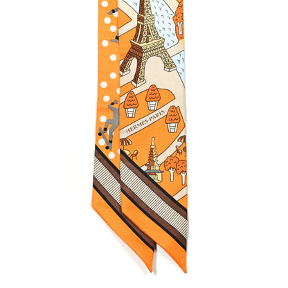 Hermes Silk Les Nouveaux Amoureux de Paris Twilly Orange Ciel Beige 2 of 4