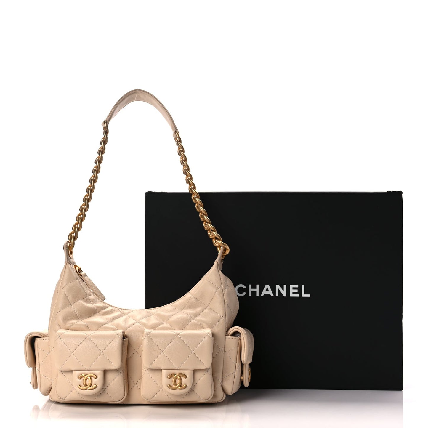 Shiny Lambskin Quilted Trendy Pockets Hobo Beige