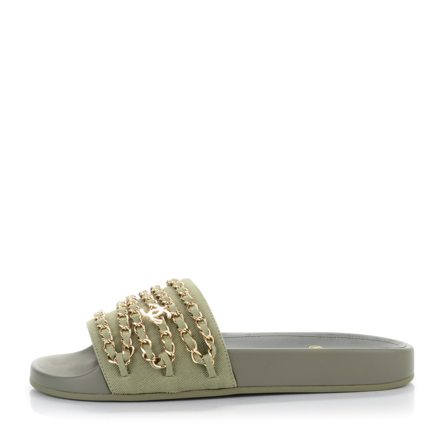 Lambskin Canvas Chain Flat Sandals 40 Khaki