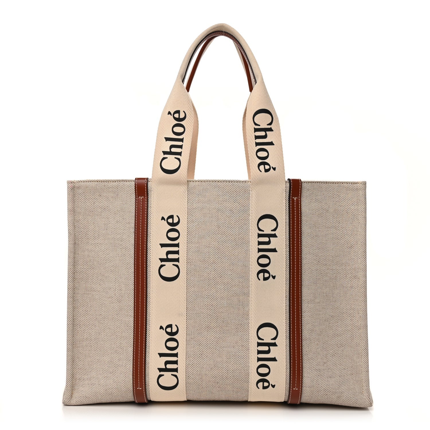 Chloe Cotton Calfskin Large Woody Ribbon Tote White Brown 1 of 10