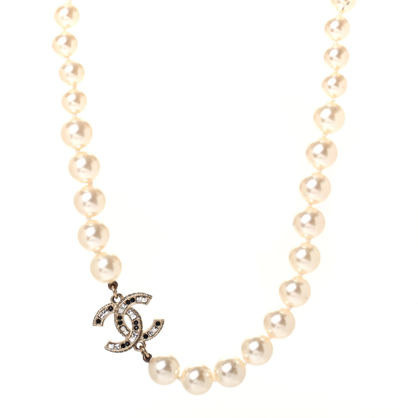 Graduated Pearl Crystal CC Long Necklace Gold Black
