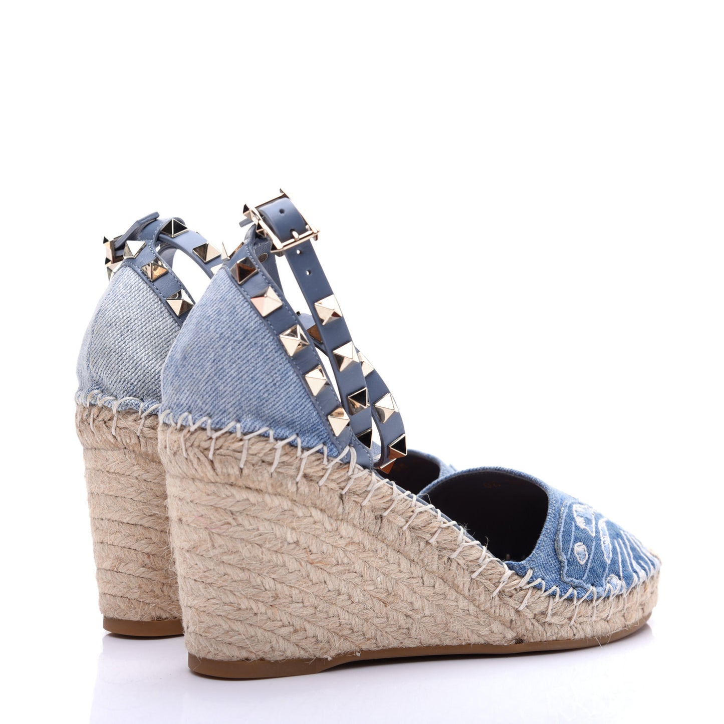 Denim Butterfly Embroidered Rockstud Ankle Wrap Espadrille 15/85mm Wedges 36 Light Denim