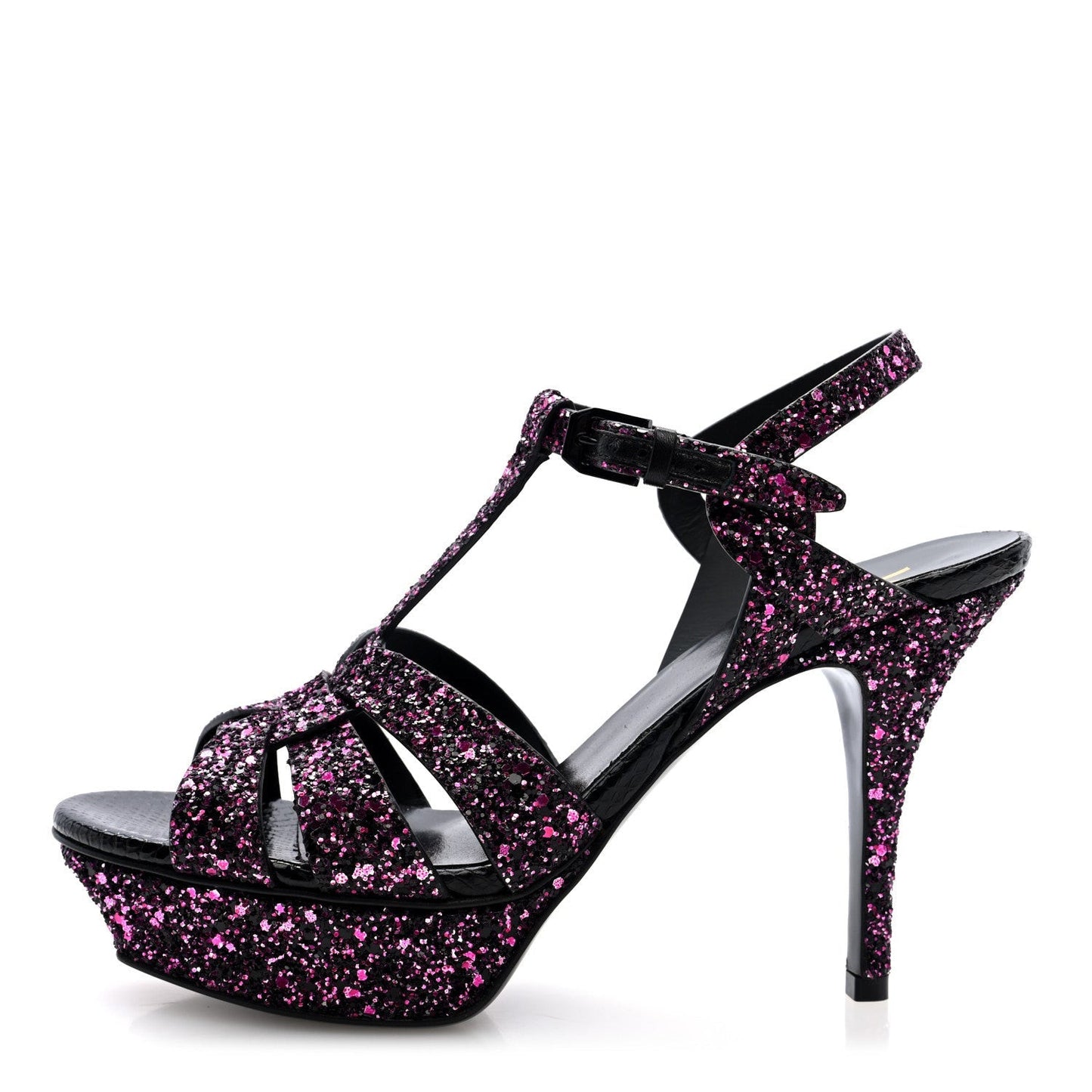 Glitter Calfskin Ayers Tribute 75 Platform Sandals 38 Black Fuchsia