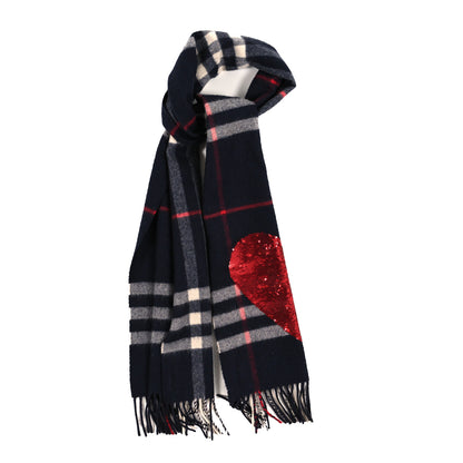 Burberry Cashmere Sequin Check Heart Fringe Scarf Navy Red 1 of 4