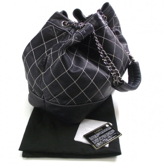 Chanel Leather Contrast Stitch Drawstring Tote Navy 3 of 11