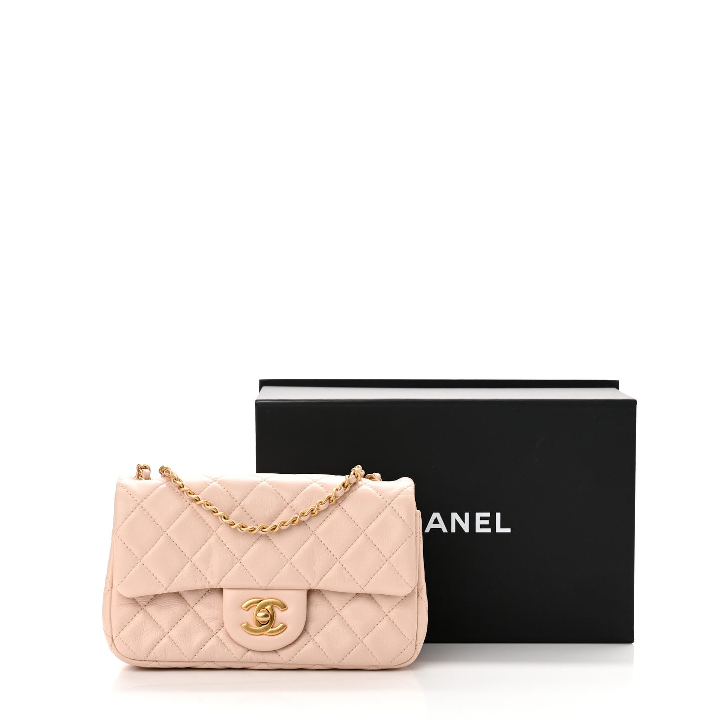 Lambskin Quilted Mini Rectangular Pearl Crush Flap Light Beige