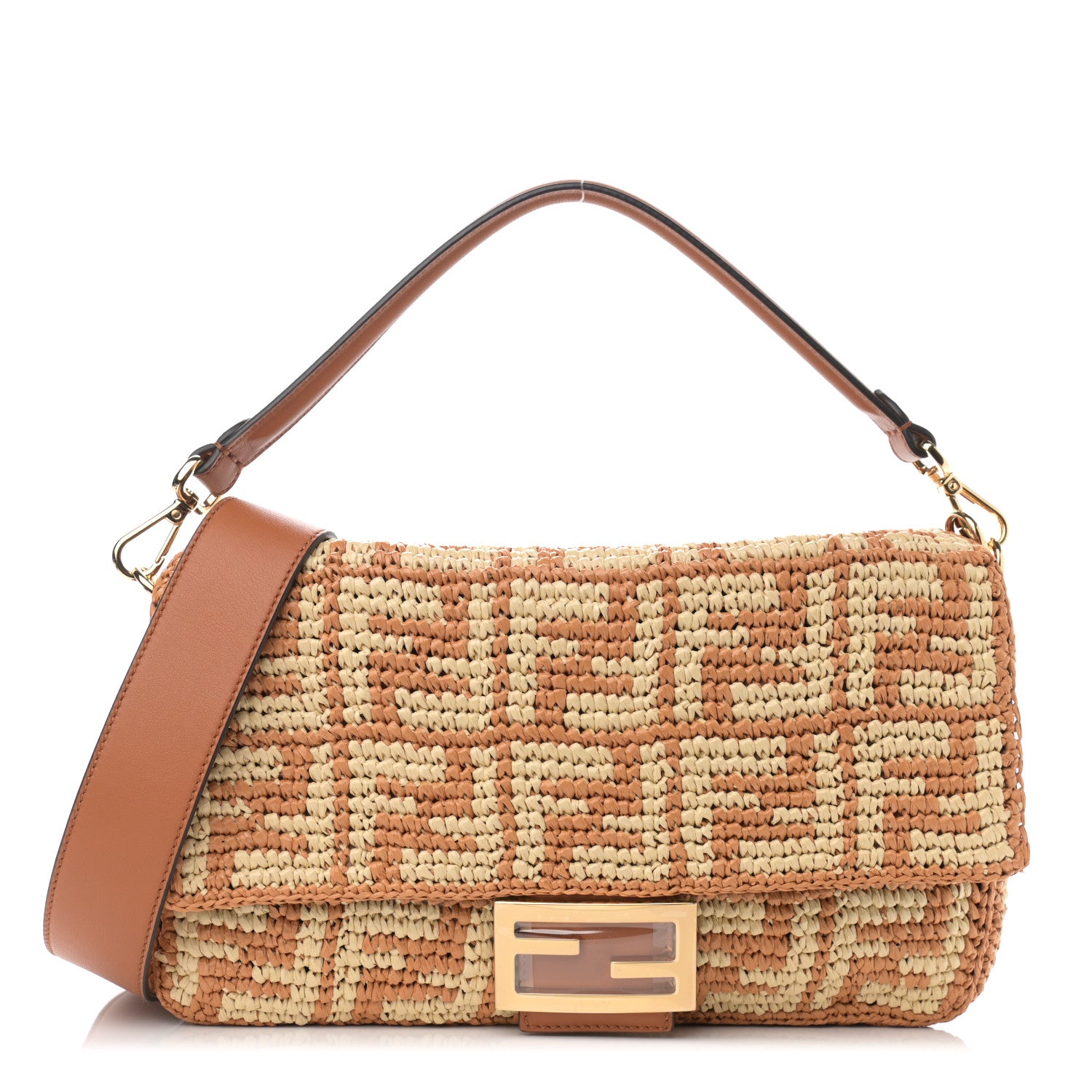 Fendi Raffia Vitello Seta FF Woven Large Baguette Brick Natural 1 of 10