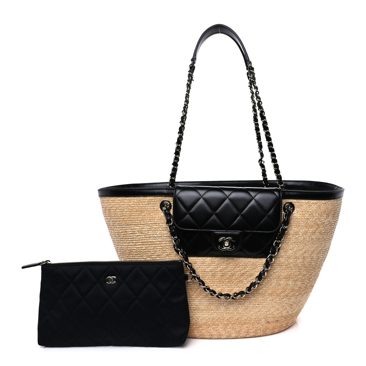 Chanel Raffia Braided Lambskin Shopping Tote Beige Black 1 of 9