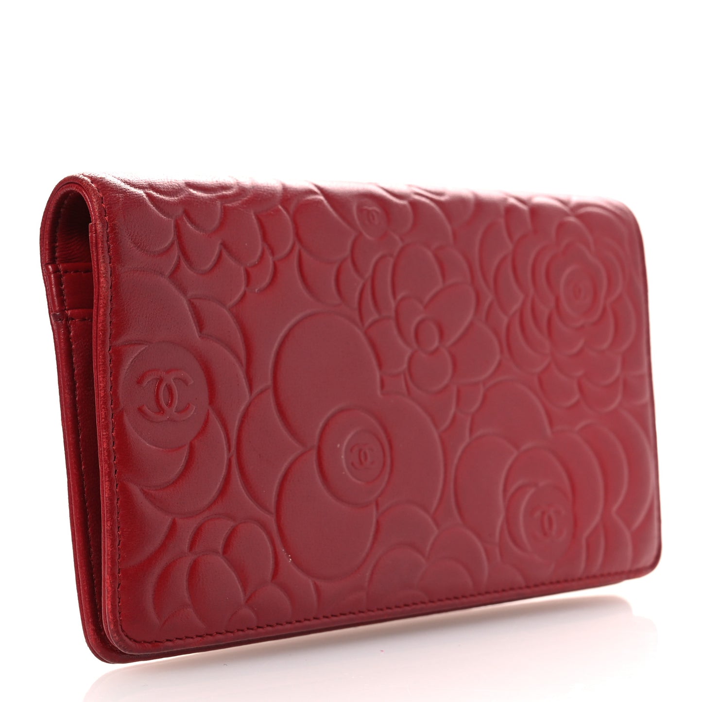 Lambskin Camellia Embossed Yen Wallet Dark Red