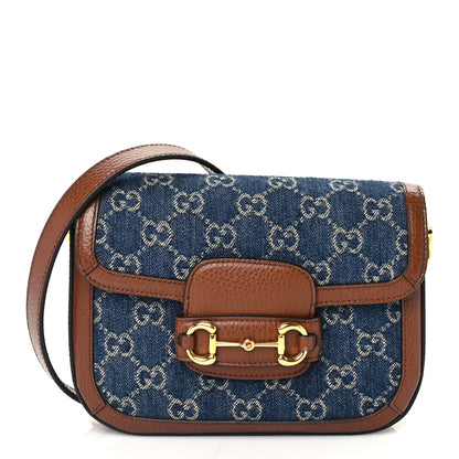 Gucci New Denim GG Monogram Dollar Calfskin Web Mini Horsebit 1955 Shoulder Bag Blue Tea Cuir Epilog 1 of 8