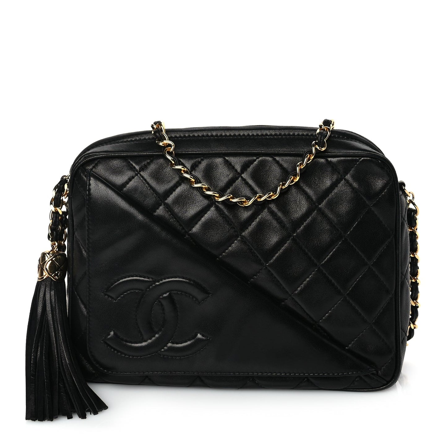 Lambskin Quilted CC Tassel Flap Camera Case Black