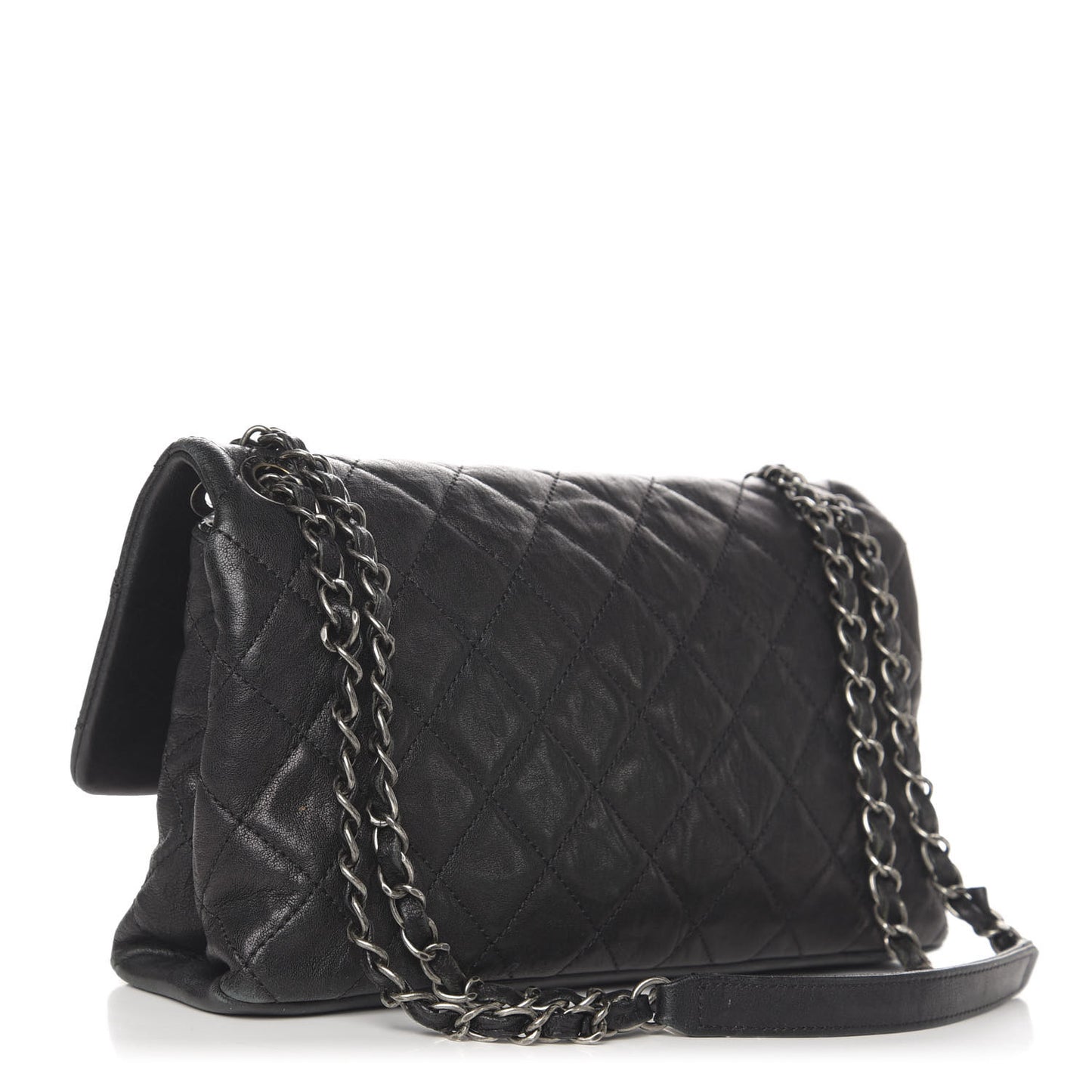 Crumpled Lambskin Quilted Medium Single Flap Black