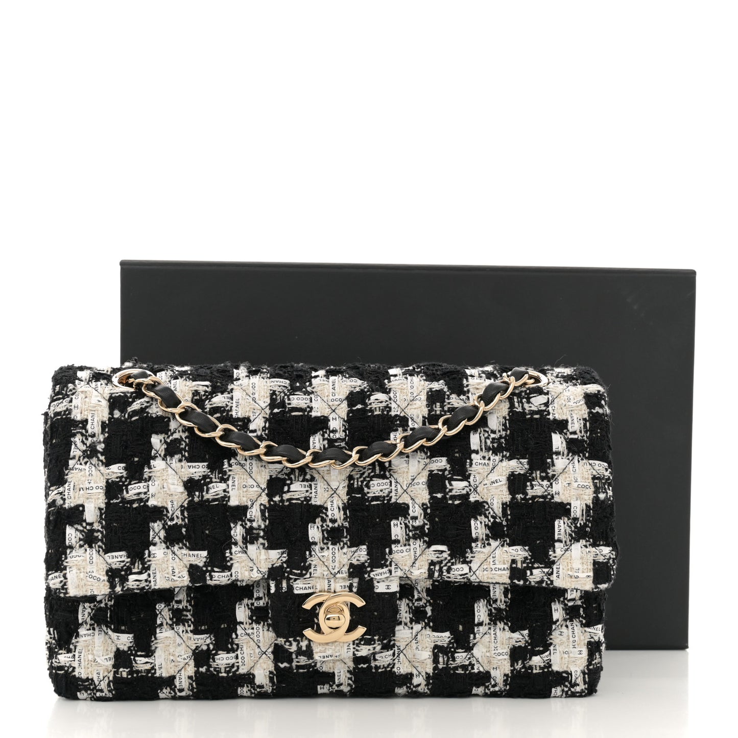 Tweed Quilted Medium Double Flap Black Ecru White