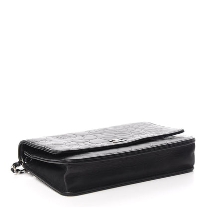 Chanel Lambskin Camellia Embossed Wallet on Chain WOC Black 3 of 11