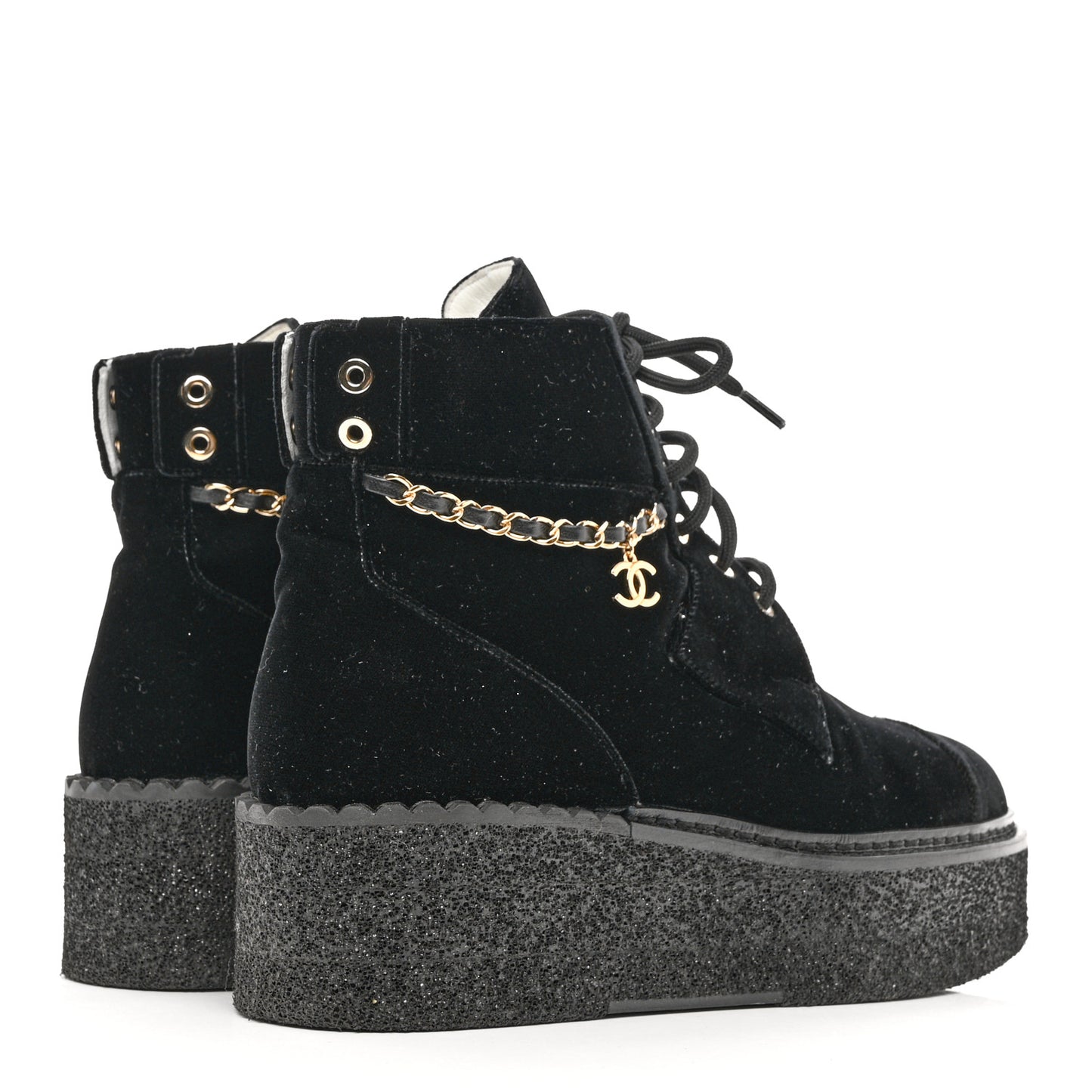 Velvet Chain Lace Up CC Short Boots 38.5 Black