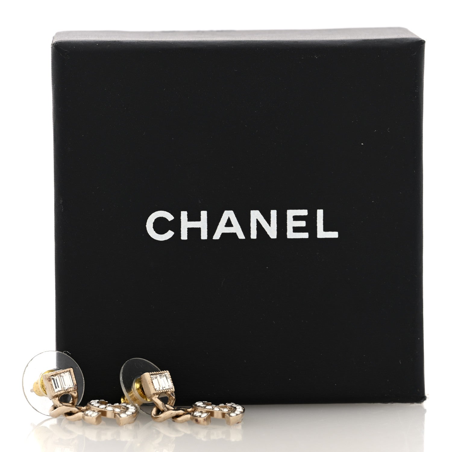 Chanel Metal Crystal Baguette CC Chain Drop Earrings Gold 5 of 5