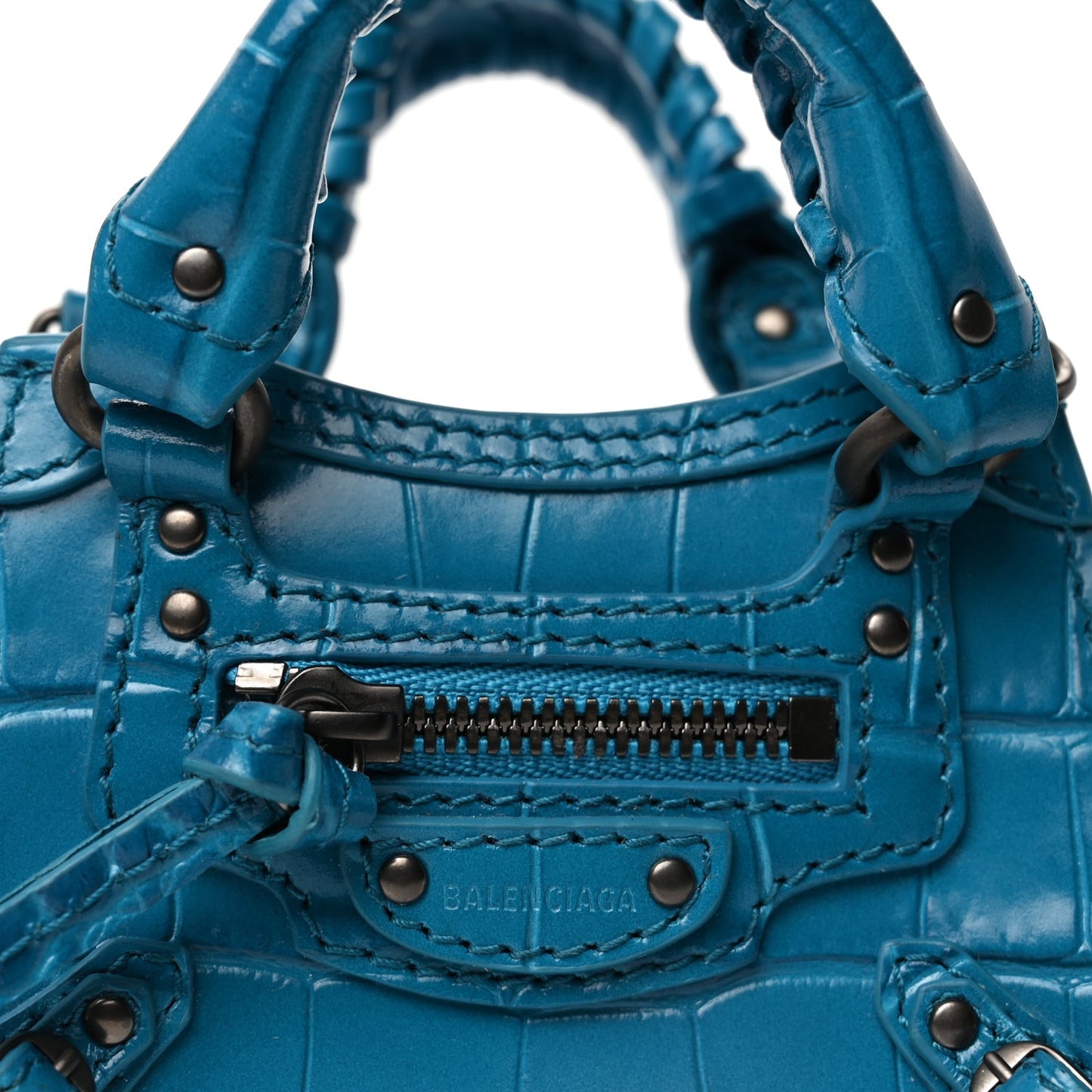 Extra Supple Calfskin Crocodile Embossed Neo Classic Silver Hardware Super Nano City Crossbody  Cyan