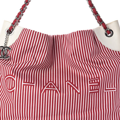 Chanel Striped Canvas Logo Tote Red 8 of 10
