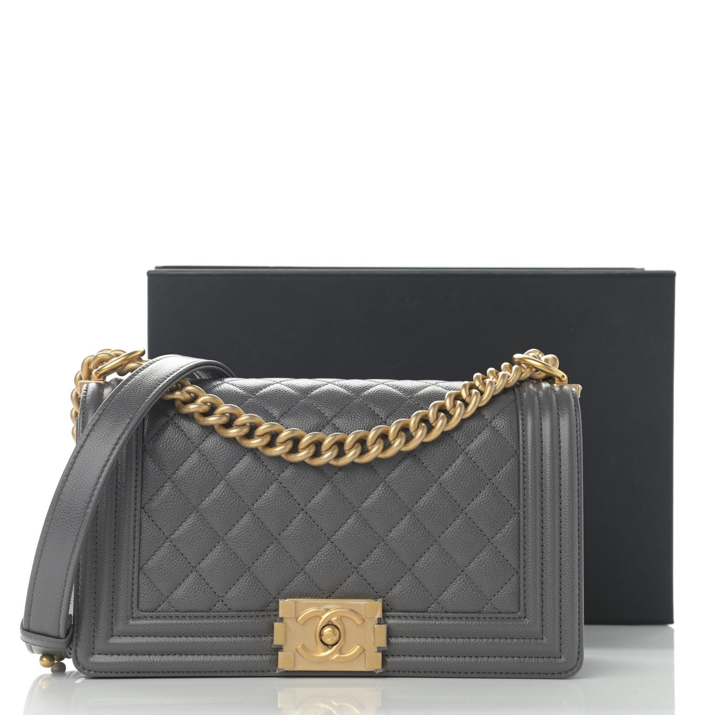 Caviar Quilted Medium Boy Flap Dark Grey