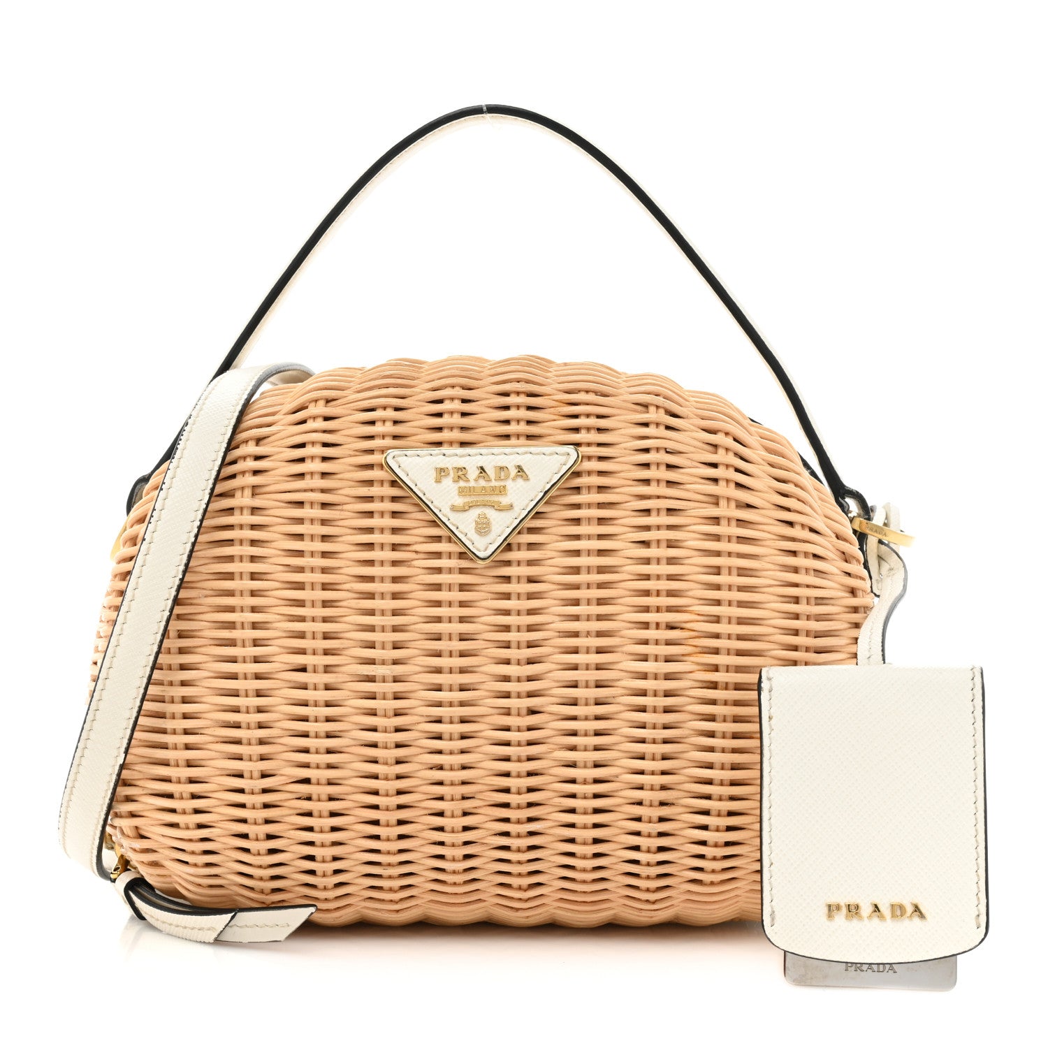Prada Wicker Saffiano Midolino Odette Top Handle Bag Tan White 1 of 22
