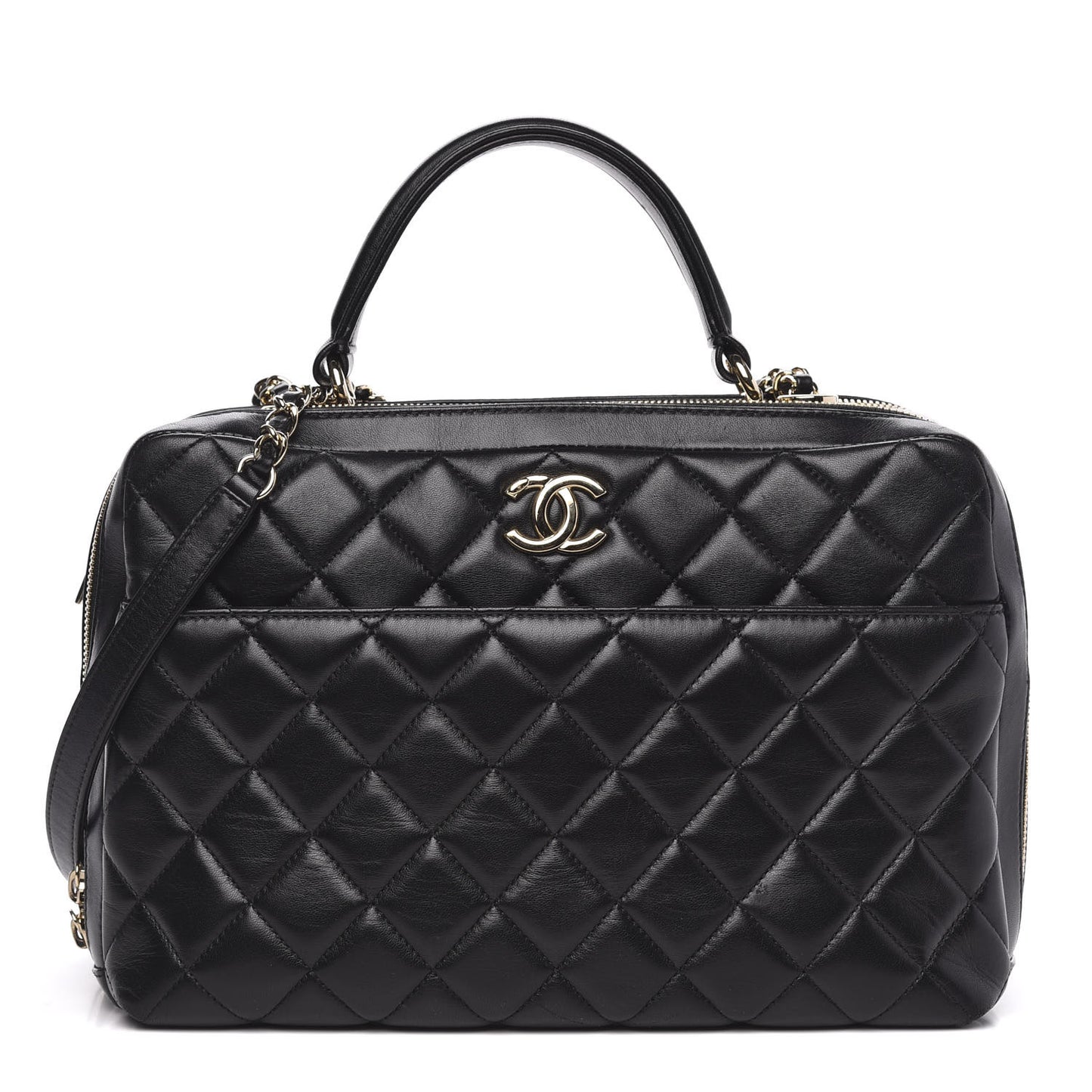 Lambskin Quilted Large Trendy CC Bowling Bag Black