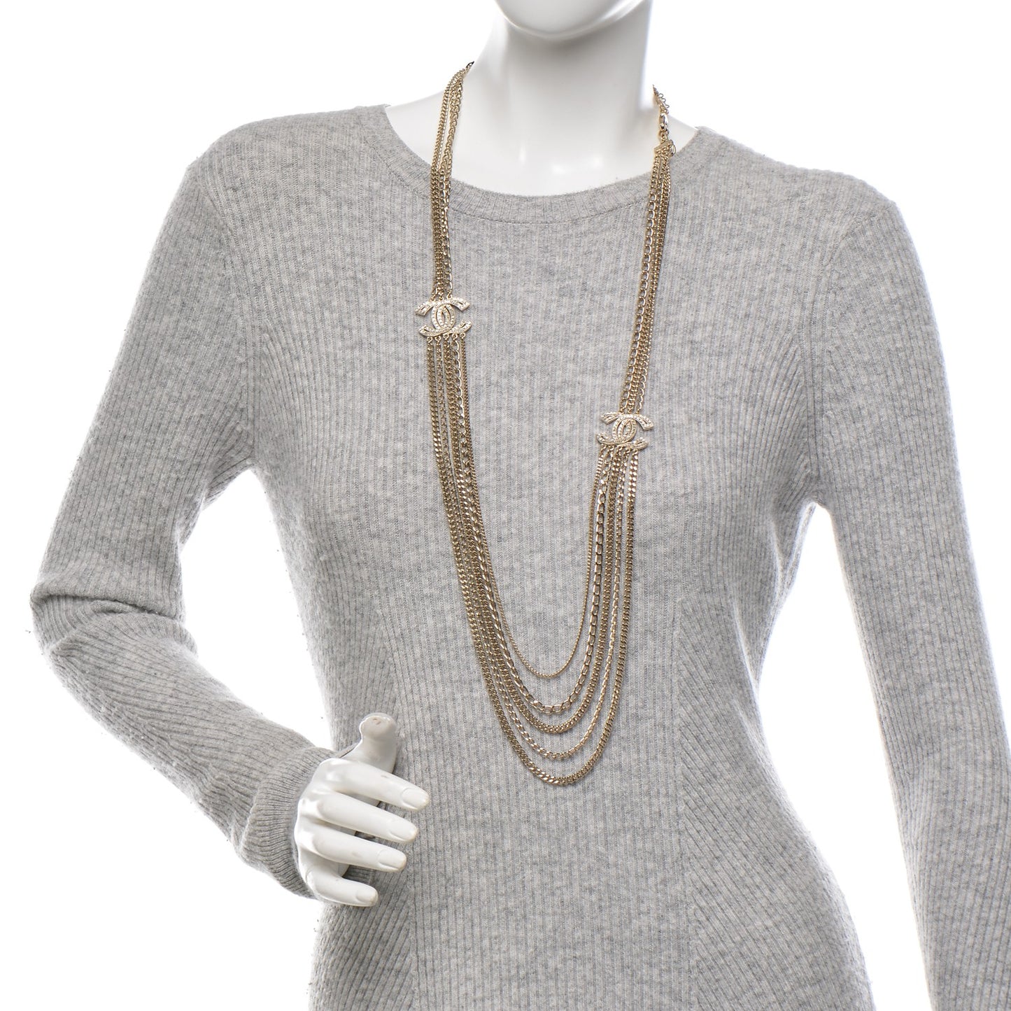 Multi Strand Chain Baguette Crystal CC Necklace Gold