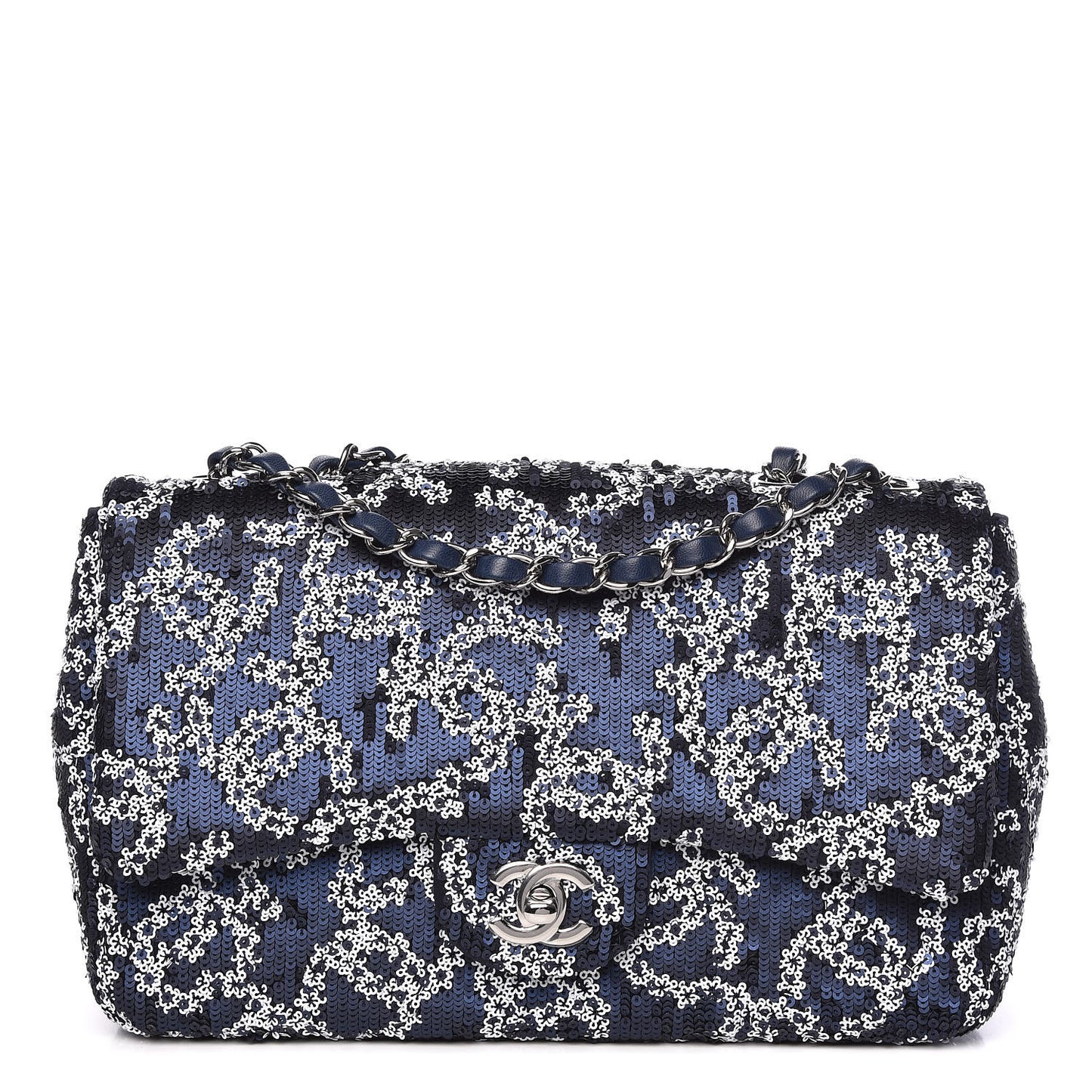 Lambskin Sequins Medium Single Flap Navy Blue White