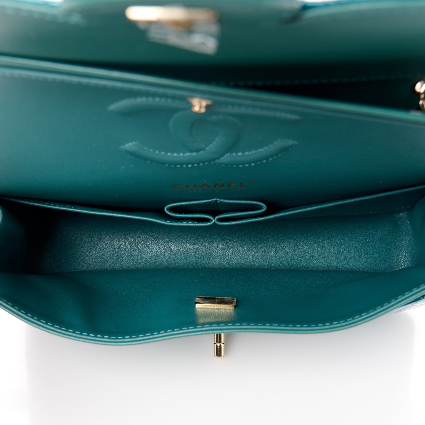 Shaded Patent Calfskin Quilted Medium Double Flap Green Blue