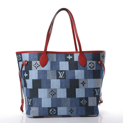 Louis Vuitton Denim Damier Monogram Patchwork Neverfull Blue Rouge 2 of 12