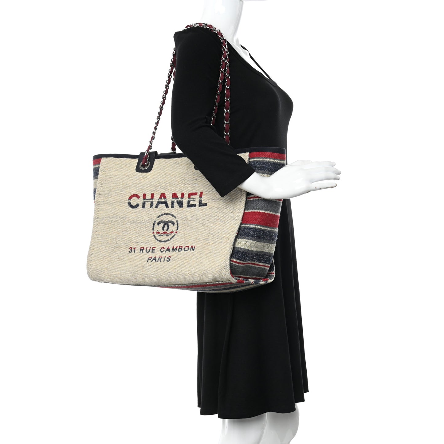 Striped Canvas Medium Deauville Tote Beige