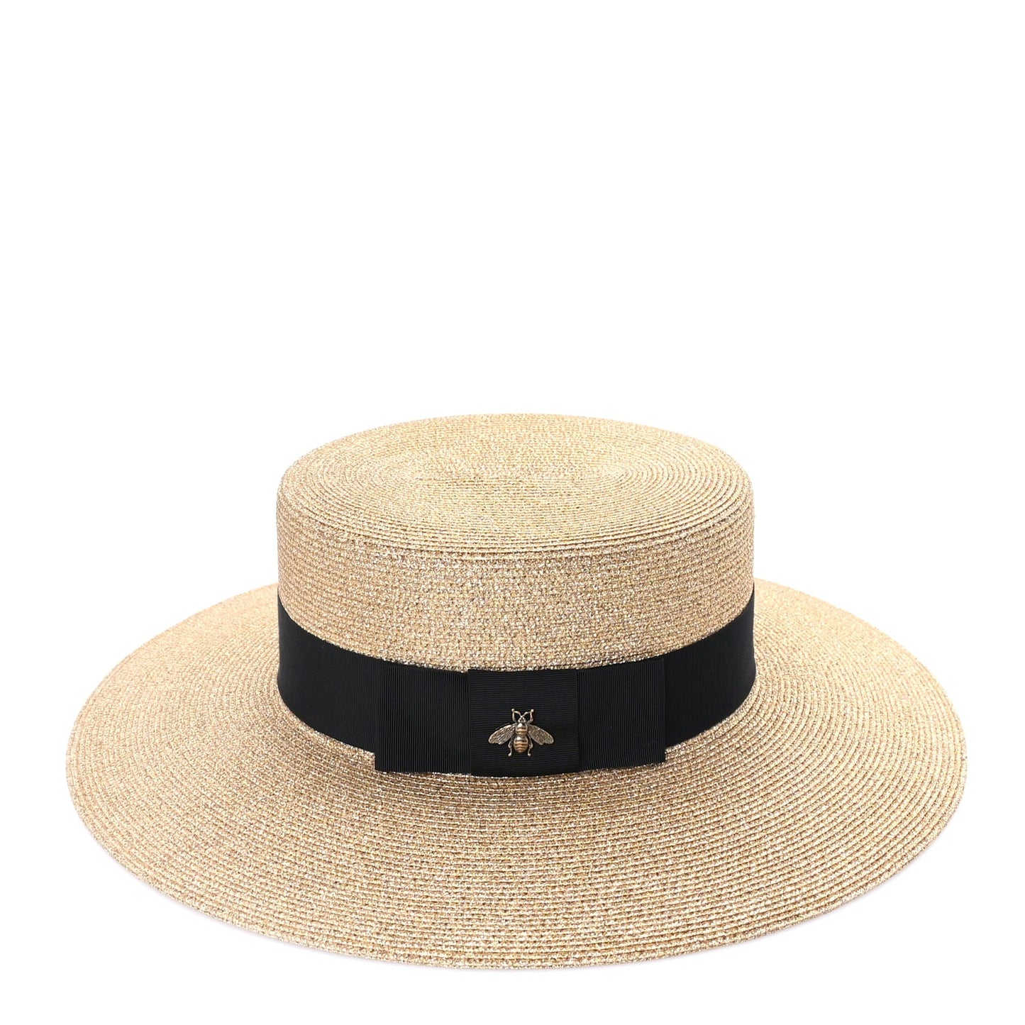 Glittered Straw Grosgrain Wide Brim Hat M  Gold Black