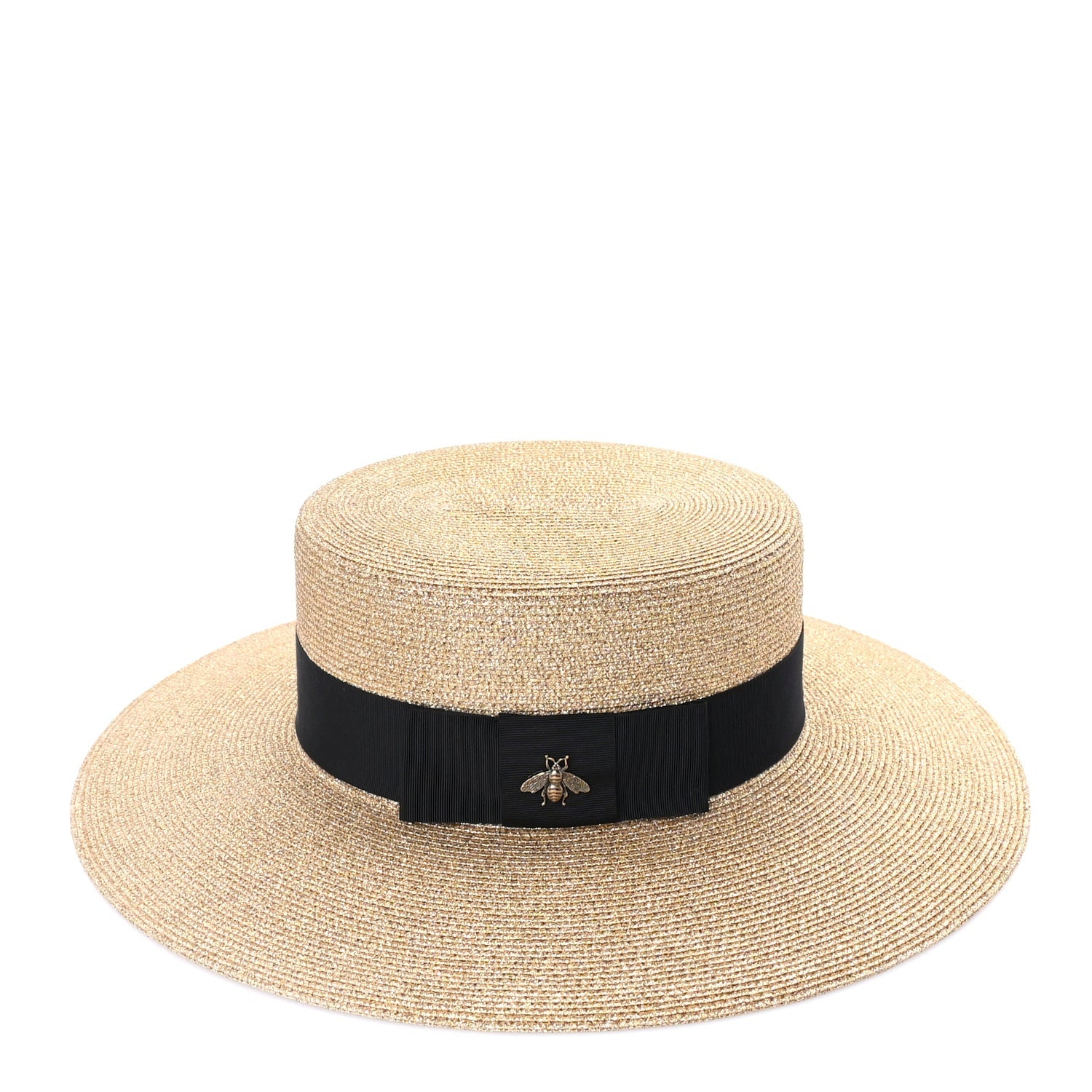 Gucci Glittered Straw Grosgrain Wide Brim Hat M  Gold Black 3 of 7