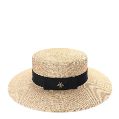 Gucci Glittered Straw Grosgrain Wide Brim Hat M  Gold Black 3 of 7
