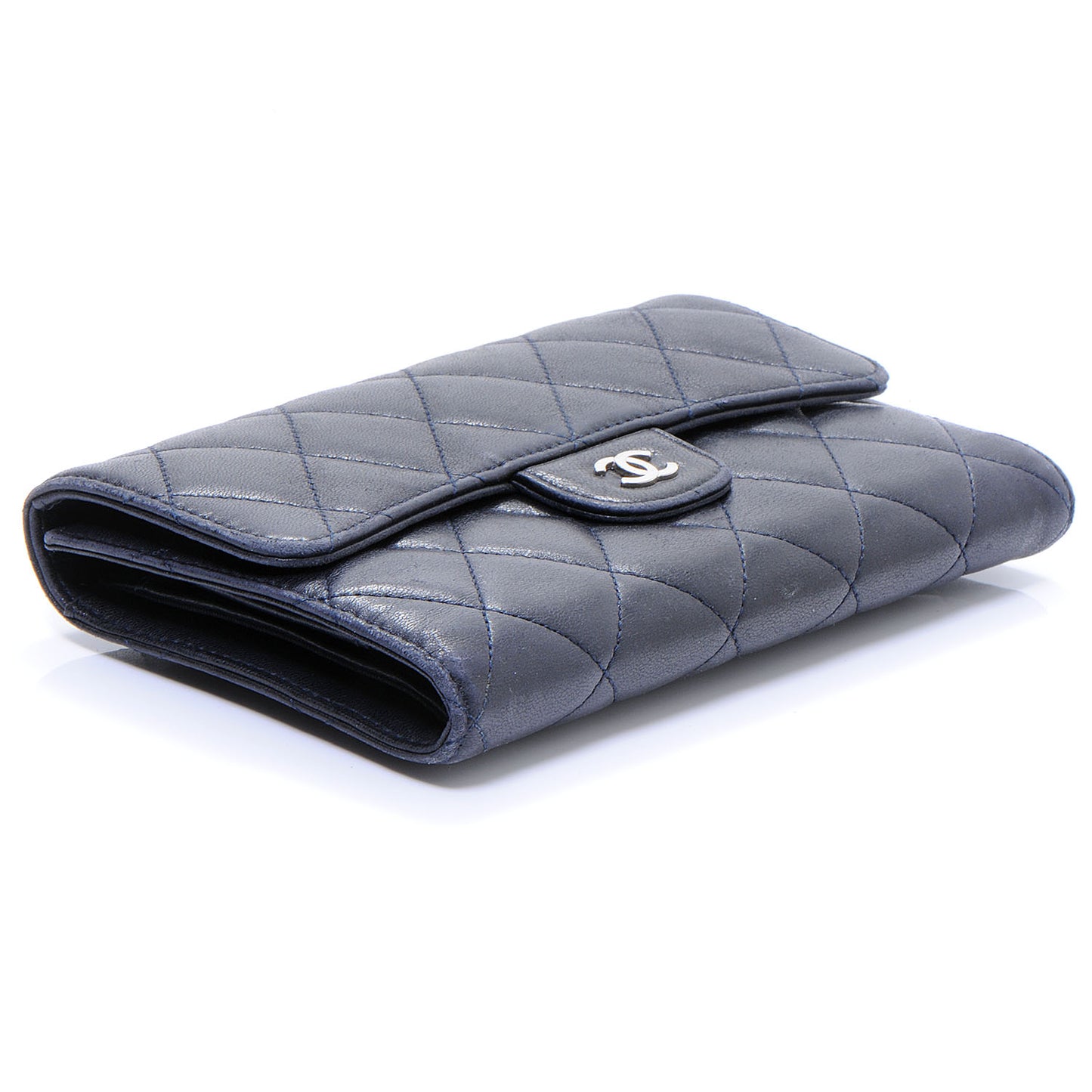 Lambskin Quilted Large Flap Wallet Navy