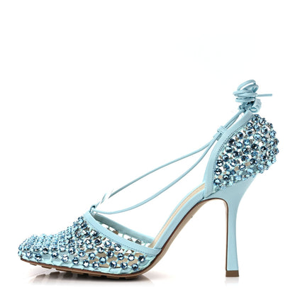 Bottega Veneta Mesh Nappa Crystal Embellished Sparkle Stretch Ankle Tie 90mm Sandals 40 Pale Blue 1 of 9