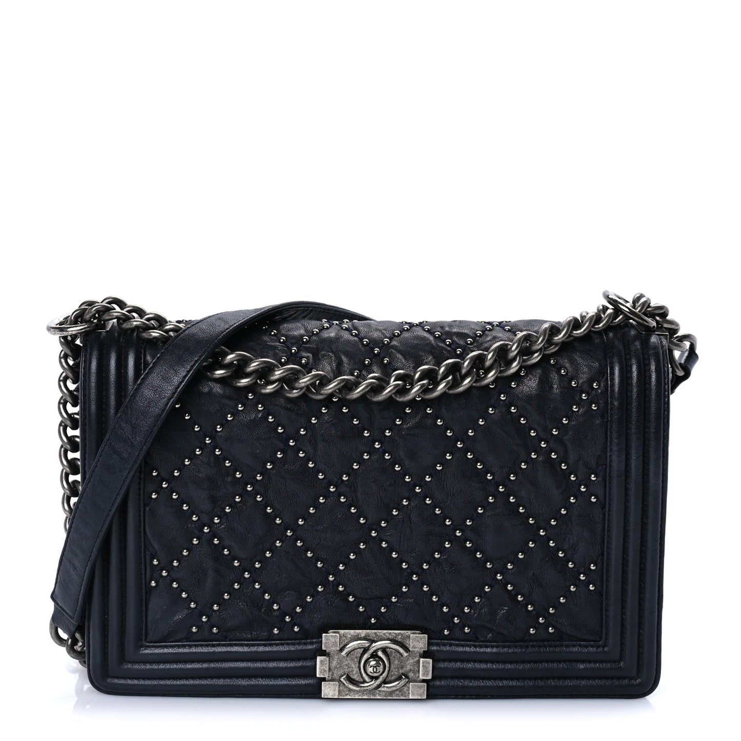 Crumpled Lambskin New Medium Studded Boy Flap Navy
