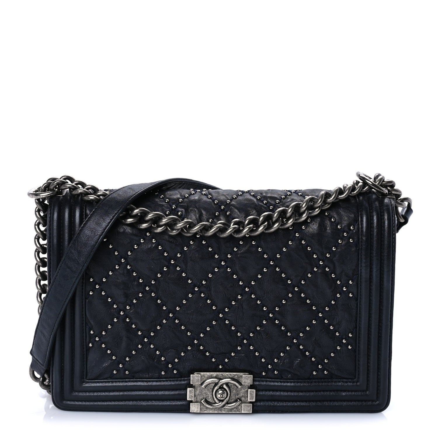 Chanel Crumpled Lambskin New Medium Studded Boy Flap Navy 1 of 9