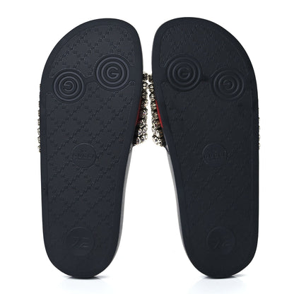 Gucci Calfskin Crystal Embellished Web Slide Sandals 38 Blue Red 6 of 8