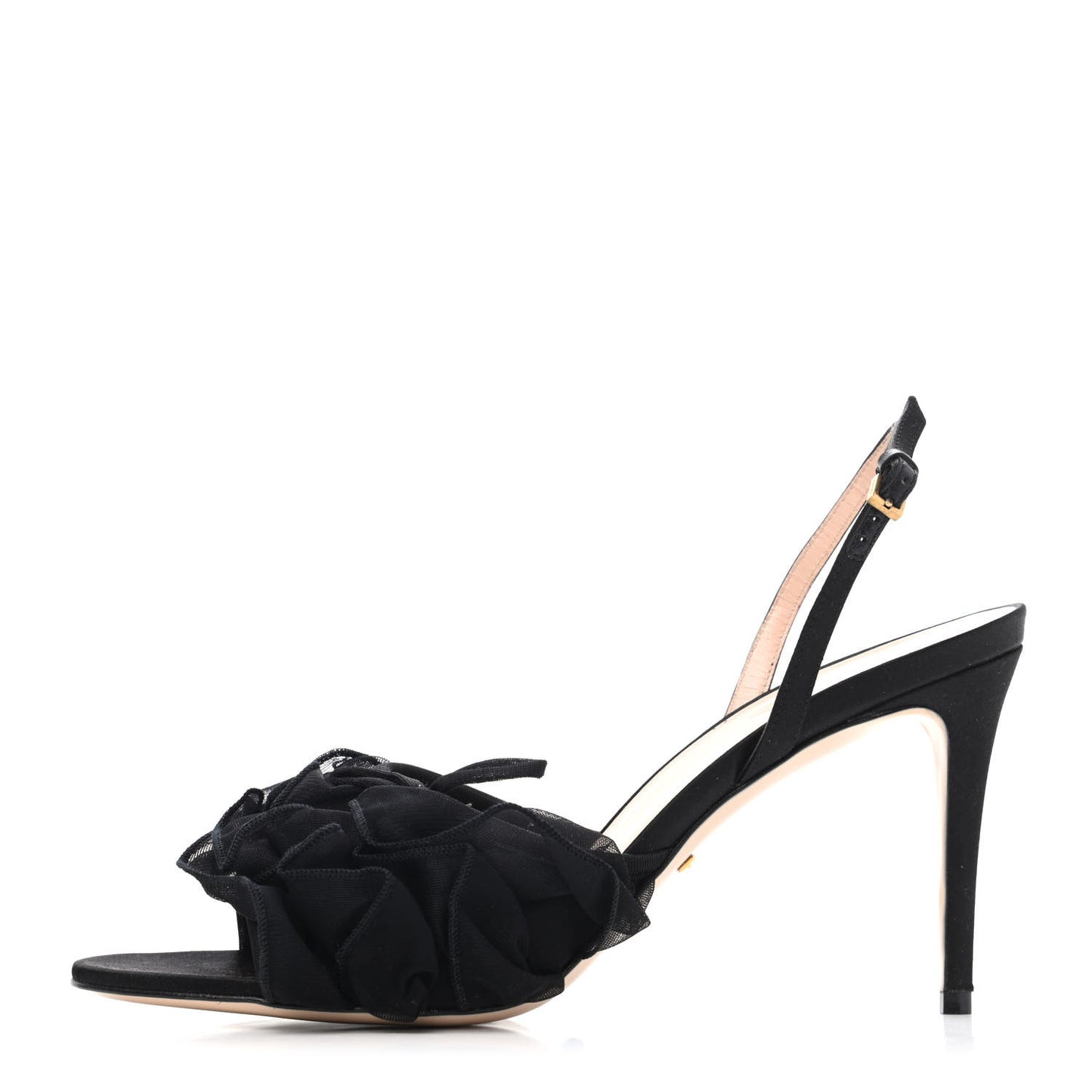 Tulle Ruffle Mid Heel Slingback Sandals 40 Black