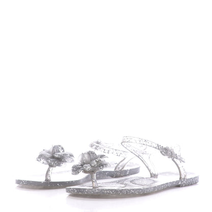 Chanel Jelly Camellia Glitter Thong Sandals 38 Silver 3 of 7