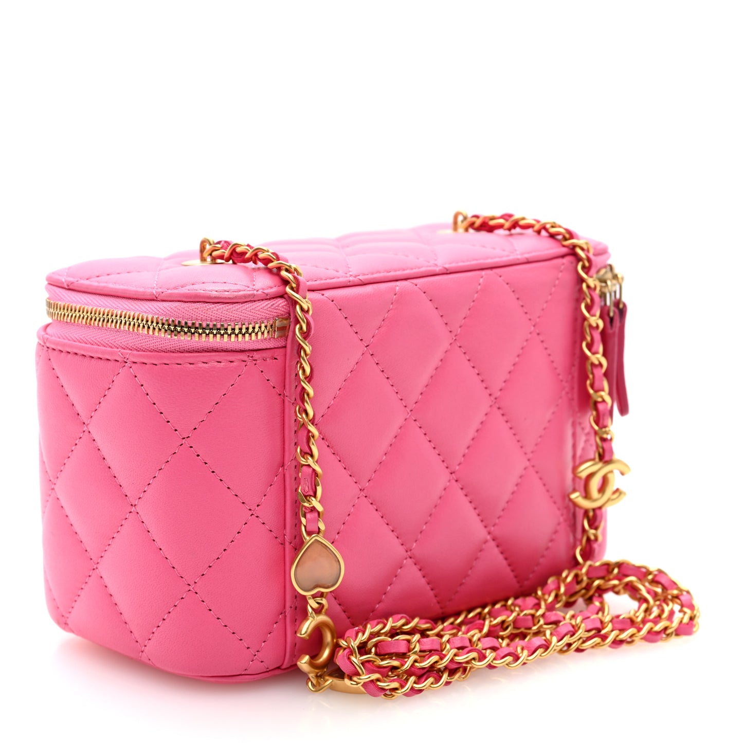 Lambskin Enamel Quilted Small Coco Hearts Vanity Case With Chain Pink