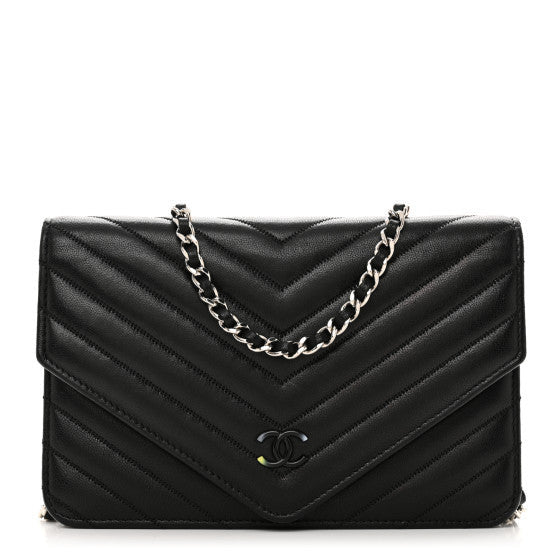Chanel Sheepskin Chevron Wallet On Chain WOC Black 1 of 1