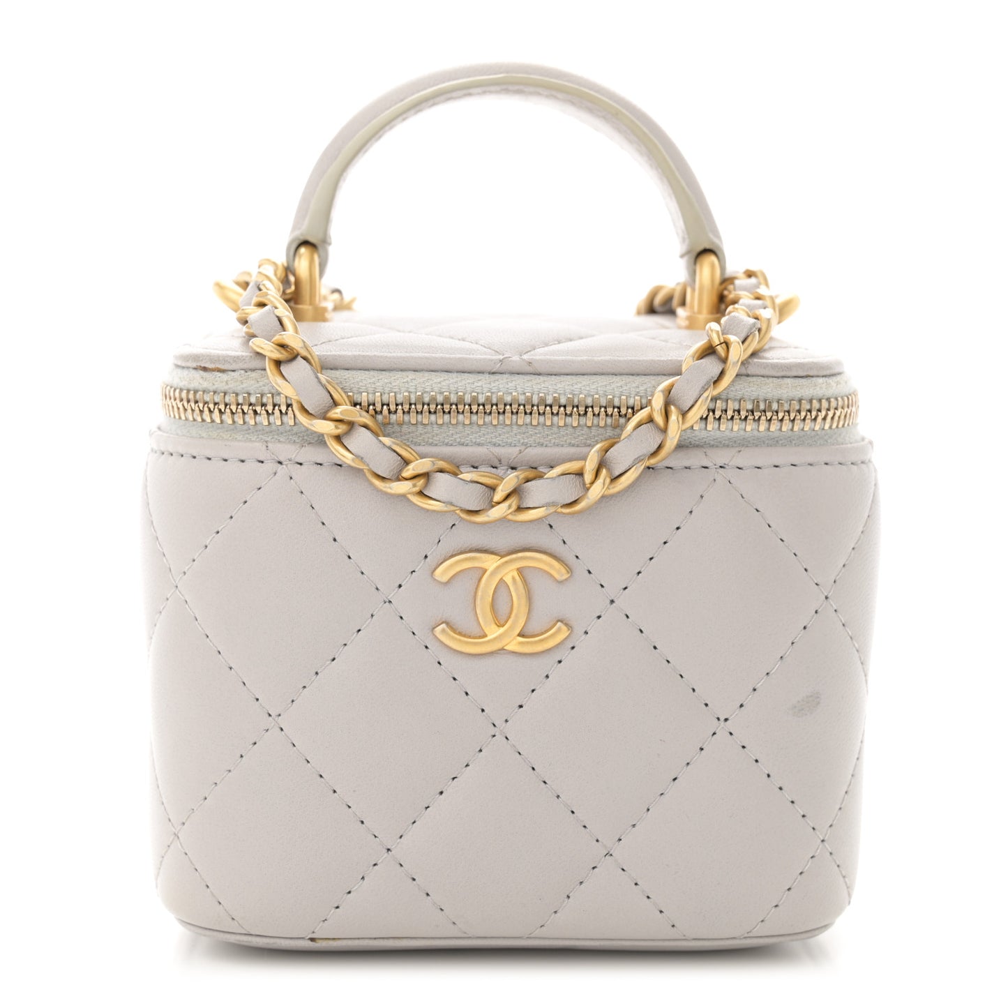 Lambskin Quilted Top Handle Mini Vanity Case With Chain Grey