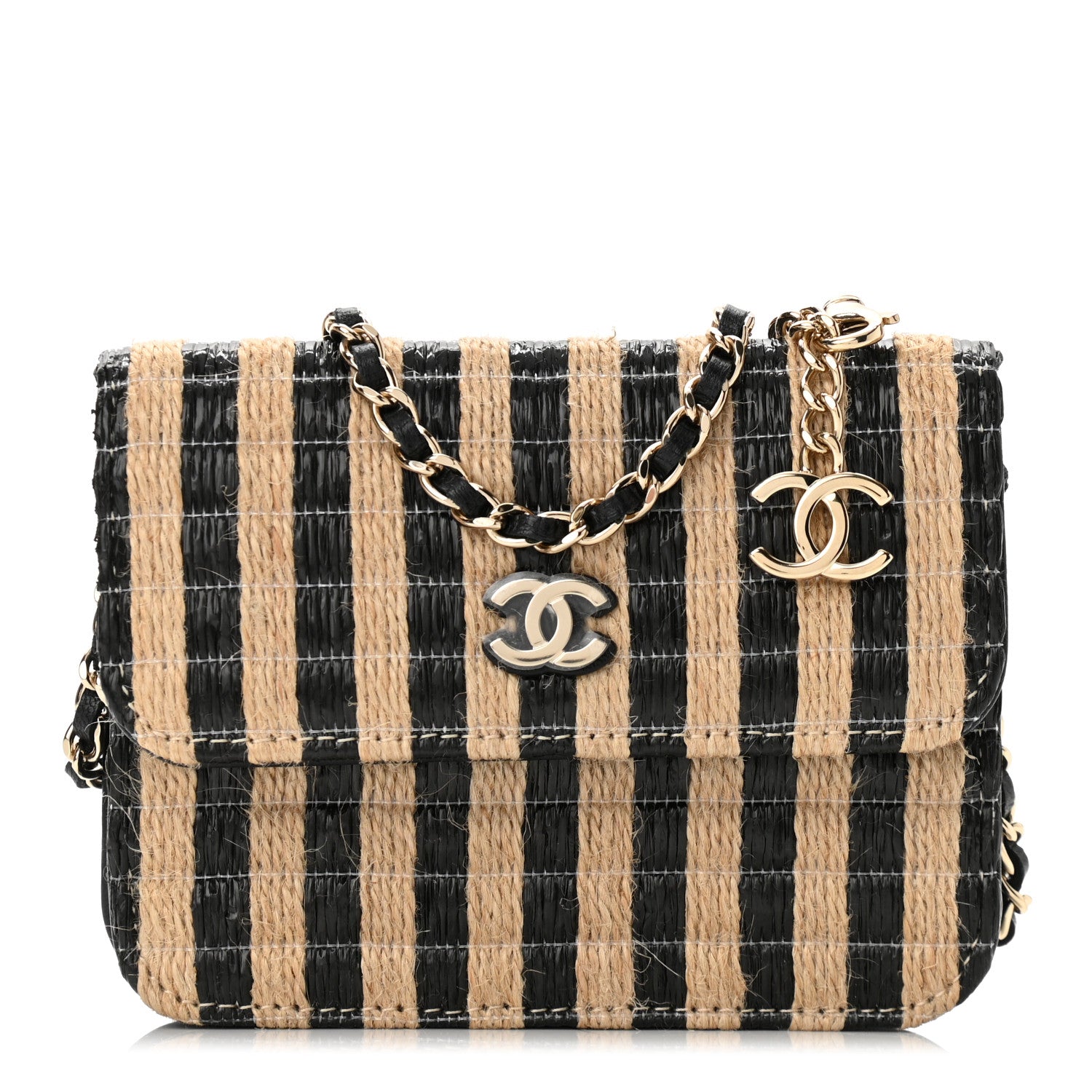Chanel Raffia Jute Striped Belt Bag Black Beige 1 of 10