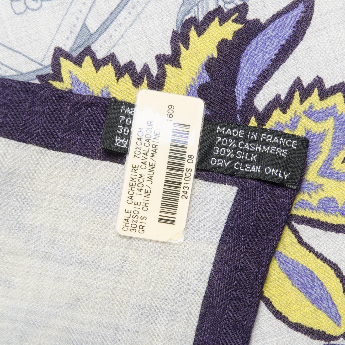 Cashmere Silk Cavalcadour Shawl 140 Gris Chine Jaune Marine