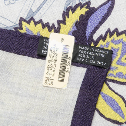 Hermes Cashmere Silk Cavalcadour Shawl 140 Gris Chine Jaune Marine 6 of 7