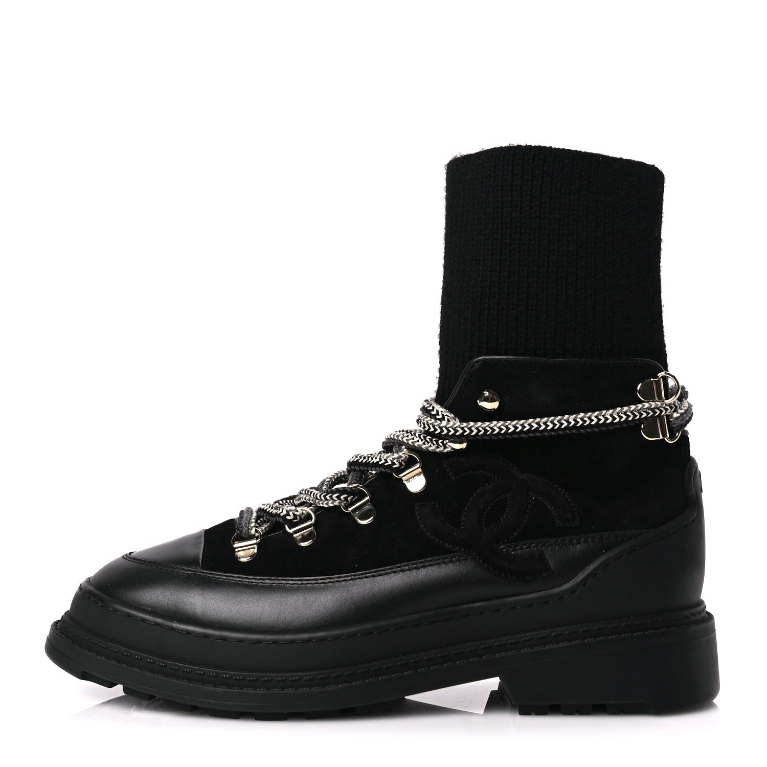 Chanel Suede Knit Womens Sock Lace Up Boots Black 1 of 7