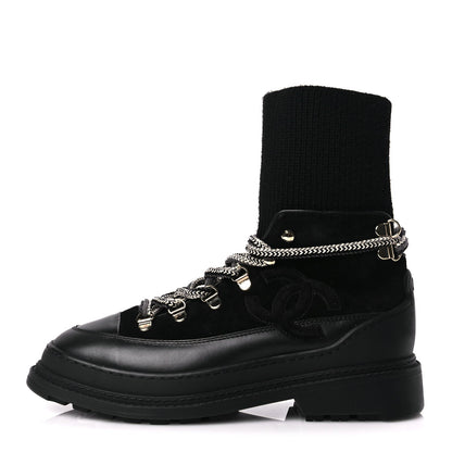 Chanel Suede Knit Womens Sock Lace Up Boots Black 1 of 7