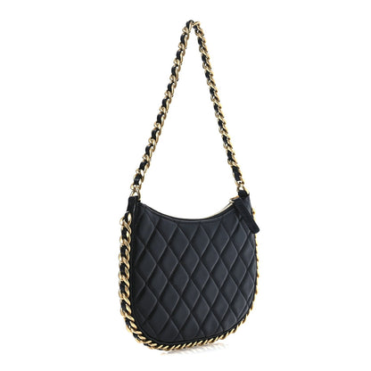 Chanel Shiny Crumpled Lambskin Quilted Trendy Chain Around Hobo Black 3 of 7